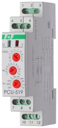 Изображение Реле времени PCU-519 2х8А 230В AC-24В AC/DC 2п IP20 многофункц. с вход. START/RESET монтаж на DIN-рейке F&F EA02.001.023 