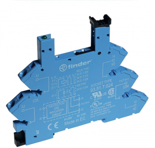 Изображение Розетка с безвинт. клеммами (пружинный зажим) для реле 34 серии 24В DC в комплекте пластик. клипса опции: LED FINDER 93517024 