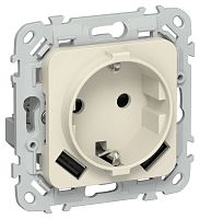 Изображение Розетка 1-м СП FLITE РСЮша11-0-ФлСл 16А с USB A+A 3.1А с заземл. с защ. шторками механизм сливочный IEK FI-R14-16-U21-D31-K86 