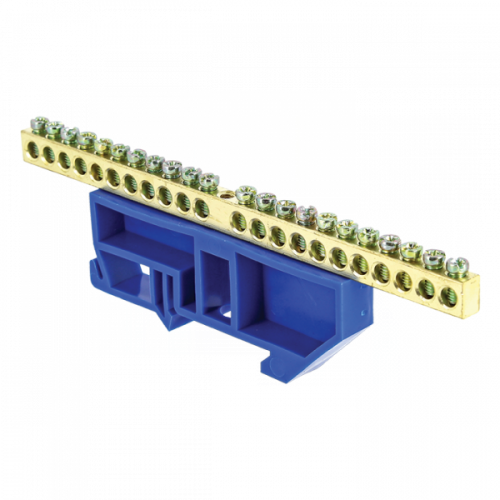 Изображение Шина "0" N (6x9мм) 22 отв. латунь синий изолятор на DIN-рейку EKF  sn0-63-22-d  (упак.10) 