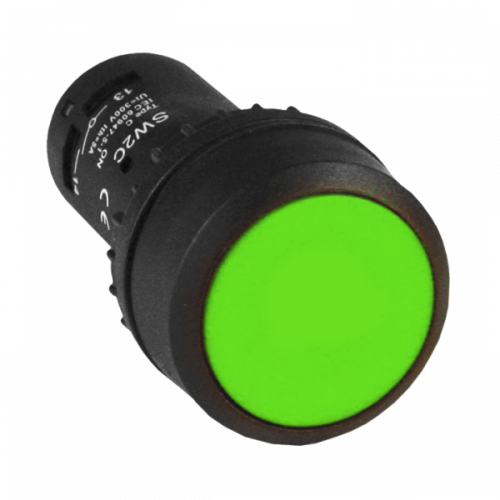 Изображение Кнопочный выкл. в сборе плоск., зеленый круг. линза, 1НО 1НЗ без фиксации, EKF  sw2c-11s-g 