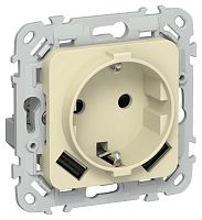 Изображение Розетка 1-м СП FLITE РСЮша11-1-ФлН 16А с USB A+A 3.1А с заземл. с защ. шторками безвинтовое крепление механизм навахо IEK FI-R14-16-1-U21-D31-K87 