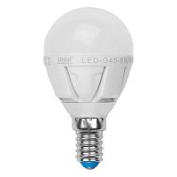 Изображение Лампа светодиодная LED-G45-6Вт/WW/E14/FR/DIM PLP01WH 6Вт шар 3000К тепл. бел. E14 600лм 220В диммир. упак. картон Uniel UL-00000694 