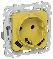 Изображение Розетка 1-м СП FLITE РСЮша11-1-ФлЖК 16А с USB A+A 3.1А с заземл. с защ. шторками безвинтовое крепление механизм желт. карри IEK FI-R14-16-1-U21-D31-K44 
