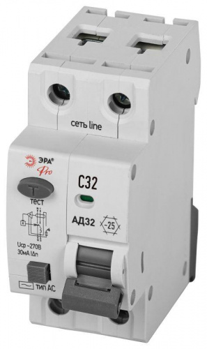 Изображение Выключатель автоматический дифференциального тока 1P+N C32 30мА тип АC защита 230В АВДТ 4.5кА PRO D32E2C32АC30P АД32 электронное Эра Б0057355 