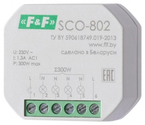 Изображение Регулятор освещенности SCO-802 (для ламп накаливания до 300Вт; напряжение управления 230В; с памятью уровня освещенности для установки в монтажную коробку d60мм F&F EA01.006.009 