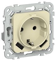 Изображение Розетка 1-м СП FLITE РСЮша11-0-ФлН 16А с USB A+A 3.1А с заземл. с защ. шторками механизм навахо IEK FI-R14-16-U21-D31-K87 