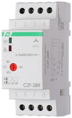 Изображение Реле контроля наличия фаз CZF-2BR (монтаж на DIN-рейке 35мм; регулировка порога отключения; 3х400/230+N 8А 1Z IP20) F&F EA04.003.003 
