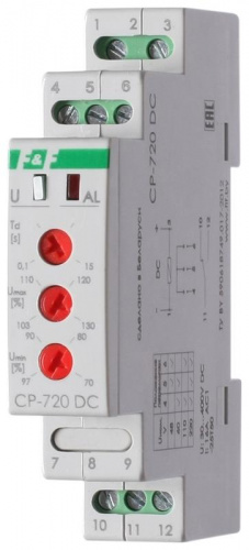 Изображение Реле напряжения CP-720DC (однофазное; контроль верхнего и нижнего значений напряжения; выбор напряжения контролир. сети; 1 модуль 30-400В DC 16А 1NO/NC IP20) F&F EA04.009.012 