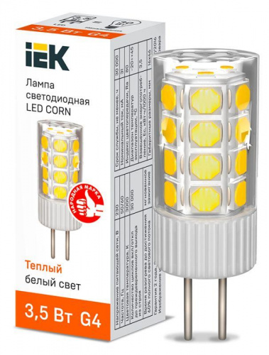Изображение Лампа светодиодная CORN 3.5Вт капсула 3000К G4 230В керамика IEK LLE-CORN-4-230-30-G4 