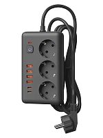 Изображение Удлинитель с сетевым фильтром 3х3м 10А 4USB + 2USBC 2500Вт ПВС 3х1 прямоуг. черн. КОСМОС FKsm3m-3gPF(B)USB 