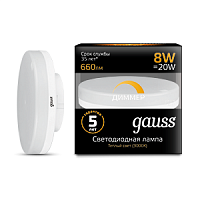 Изображение Лампа светодиодная LED 8вт GX53 теплый, dim, таблетка Gauss  108408108-D (упак.10 шт.) 