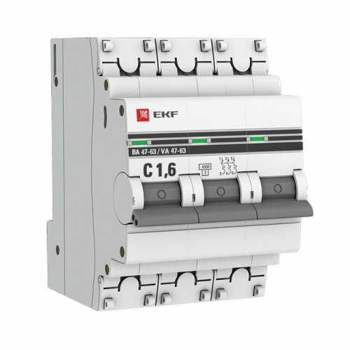Изображение Автомат  EKF ВА 47-63  3Р  1.6А  тип C  4,5кА  на DIN-рейку  mcb4763-3-1.6C-pro 