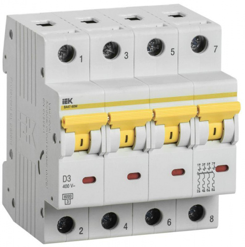 Изображение Выключатель автоматический модульный 4п D 3А 6кА ВА47-60M IEK MVA31-4-003-D 