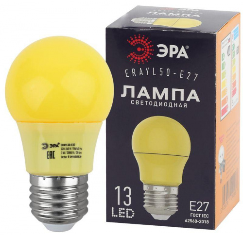 Изображение Лампа светодиодная ERAYL50-E27 A50 3Вт груша желт. E27 13SMD для белт-лайт ЭРА Б0049581 