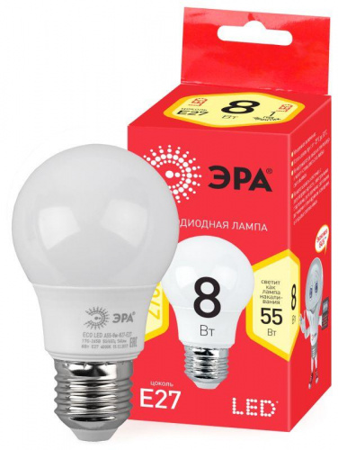 Изображение Лампа светодиодная LED A55-8W-827-E27(диод,груша,8Вт,тепл,E27) Б0032095 
