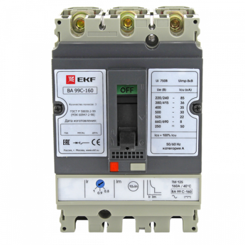 Изображение Силовой автомат. выкл. 3P Iu=125А уставка тока расцеп.:100А 36кА IP30 EKF  mccb99C-160-125 