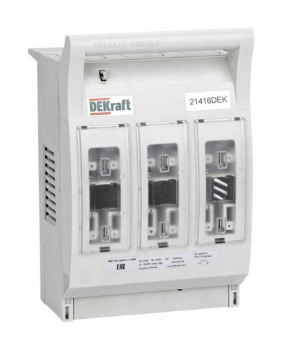 Изображение Выключатель-разъединитель-предохранитель ПВР горизонт. 250А 3ф отключ. 1НО+1НЗ навесной монтаж на шину ПВР-102 DEKraft 21416DEK 