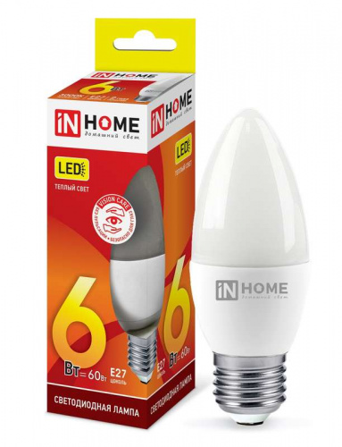 Изображение Лампа светодиодная LED-СВЕЧА-VC 6Вт 230В E27 3000К 540лм IN HOME 4690612020402 