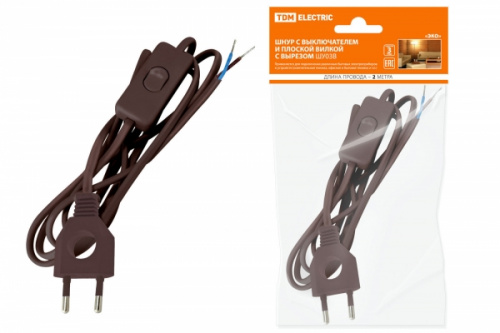 Изображение Шнур с выключателем и плоской вилкой с вырезом ШУ03В ШВВП 2х0,75мм2 2 м. коричневый "ЭКО" TDM   SQ1305-0026 