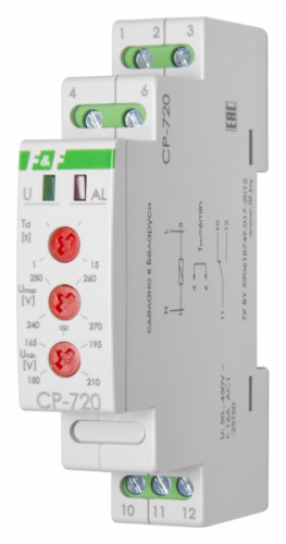 Изображение Реле контроля напряжения CP-720, однофазное, контроль верхнего и нижнего  значений напряжения, 50-450В 16А  1NO/NC IP20 EA04.009.002 