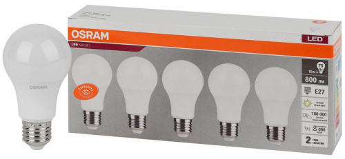 Изображение Лампа светодиодная LED Value LVCLA75 10SW/830 230В E27 2х5 RU (уп.5шт) OSRAM 4058075577718 
