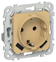 Изображение Розетка 1-м СП FLITE РСЮша11-1-ФлШм 16А с USB A+A 3.1А с заземл. с защ. шторками безвинтовое крепление механизм шамуа IEK FI-R14-16-1-U21-D31-K89 