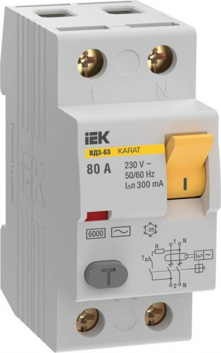 Изображение Выключатель дифференциального тока (УЗО) 2п 80А 300мА 6кА тип AC ВД3-63 KARAT IEK MDV20-2-080-300 