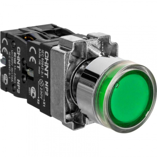 Изображение Кнопка управления NP2-BW3361 плоская 1НО AC/DC230В(LED) IP40 (R) зел. CHINT 574077 