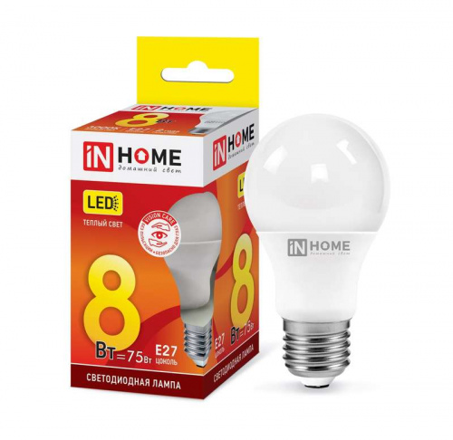 Изображение Лампа светодиодная LED-A60-VC 8Вт 230В E27 3000К 720Лм IN HOME 4690612024004 