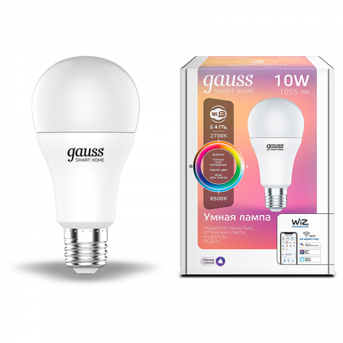 Изображение Лампа Светодиодная Gauss Smart Home RGBW E27 A60 10 Вт 2700-6500K 1/10/100 