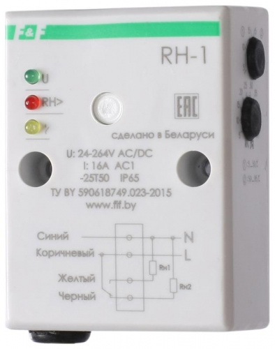 Изображение Реле контроля влажности RH-1 (четырехфункциональный встроен. датчик монтаж на плоскость) 230В 16А 1NO/NC IP20 F&F EA07.003.001 