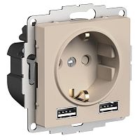 Изображение Розетка с USB Schneider Electric ATLASDESIGN, скрытый монтаж, с заземлением, песочный  ATN001230 