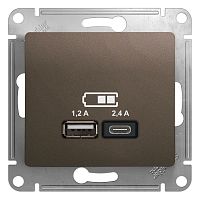 Изображение Механизм розетки USB GLOSSA A+С 5В/2.4А 2х5В/1.2А шоколад  GSL000839 