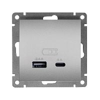Изображение Розетка 2-м USB СП Афина тип А+С 5В 1х2.4А 2х4А механизм серебро Universal А0059-S 