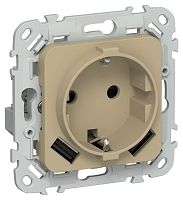 Изображение Розетка 1-м СП FLITE РСЮша11-0-ФлХ 16А с USB A+A 3.1А с заземл. с защ. шторками механизм хаки IEK FI-R14-16-U21-D31-K59 