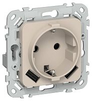 Изображение Розетка 1-м СП FLITE РСЮша11-1-ФлЛ 16А с USB A+A 3.1А с заземл. с защ. шторками безвинтовое крепление механизм льняной IEK FI-R14-16-1-U21-D31-K88 