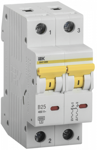 Изображение Выключатель автоматический модульный 2п B 25А 6кА ВА47-60M IEK MVA31-2-025-B 
