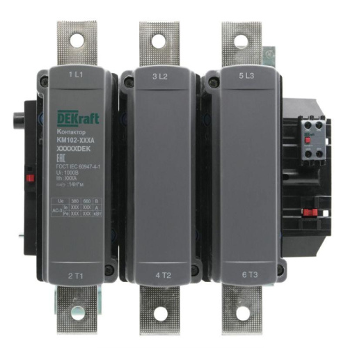 Контактор 630А 110В АС АС3 АС4 1НО+1НЗ КМ-102 DEKraft 21972DEK Изображение Контактор 630А 110В АС АС3 АС4 1НО+1НЗ КМ-102 DEKraft 21972DEK