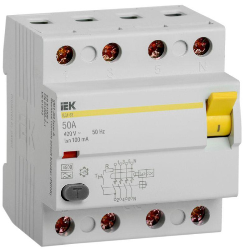 Изображение Выключатель дифференциального тока (УЗО) 4п 50А 100мА тип A ВД1-63 IEK MDV11-4-050-100 