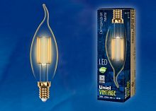 Изображение Лампа светодиодная LED-CW35-5W/GOLDEN/E14 GLV21GO Vintage форма "свеча на ветру" зол. колба упак. картон Uniel UL-00002397 