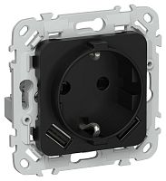 Изображение Розетка 1-м СП FLITE РСЮша11-1-ФлЧ 16А с USB A+A 3.1А с заземл. с защ. шторками безвинтовое крепление механизм черн. IEK FI-R14-16-1-U21-D31-K02 