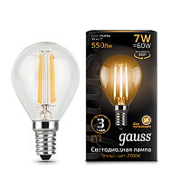 Изображение Лампа светодиодная LED 7Вт 230в, E14 Filament теплый шар Gauss  105801107 (упак.10 шт.) 