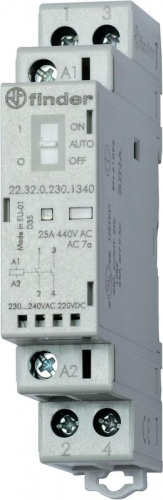Изображение Контактор модульный 1NO + 1NC 25А AgSnO2 230В AC/DC 17.5мм IP20 опции: переключатель Авто-Вкл-Выкл + мех. индикатор + LED FINDER 223202304540 