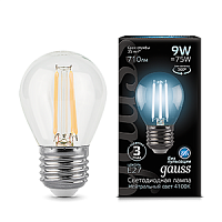 Изображение Лампа светодиодная LED 9Вт E27 Filament шар, белый Gauss  105802209 (упак.10 шт.) 
