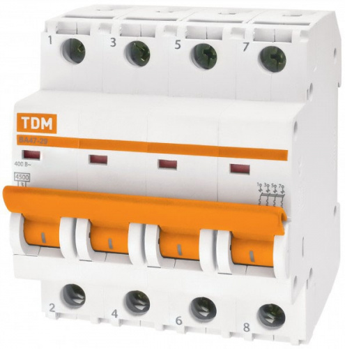Изображение Автомат  TDM ELECTRIC ВА 47-29  4Р  25А  тип D  4,5кА  на DIN-рейку  SQ0206-0191 