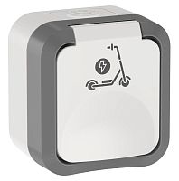 Изображение Розетка 1-м ОП TORS TS321 16А IP55 с заземл. защ. шторки с крышкой с иконкой самокат сер./бел. IEK TS-R110-16-55-K41 