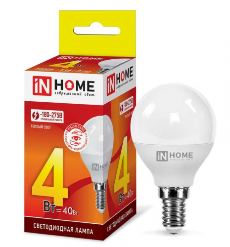 Изображение Лампа светодиодная LED-ШАР-VC 4Вт 230В E14 3000К 360лм IN HOME 4690612030517 