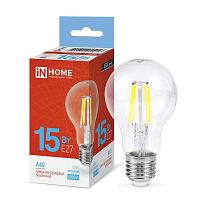 Изображение Лампа светодиодная филаментная LED-A60-deco грушевидная прозрачная 15Вт 230В E27 6500К 1480лм IN HOME 4690612055916 