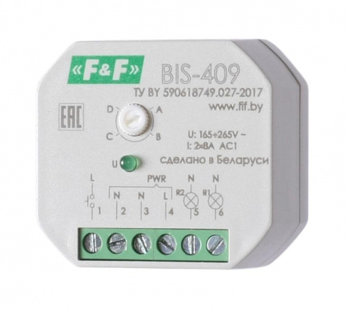 Изображение Реле импульсное BIS-409 (4 функции; управление двумя нагрузками; для установки в монтаж. коробку d60мм) F&F EA01.005.009 